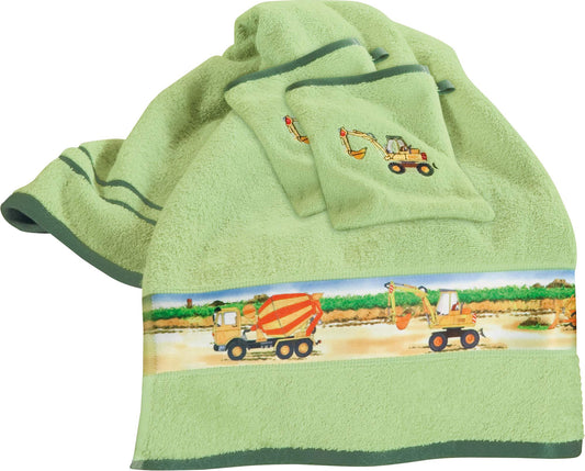Erwin Müller Kinder-Waschhandschuh, Waschlappen 4er-Pack Traktor, Bagger grün Größe 15x21 cm - 100% Baumwolle, mit hochwertigem Stickmotiv