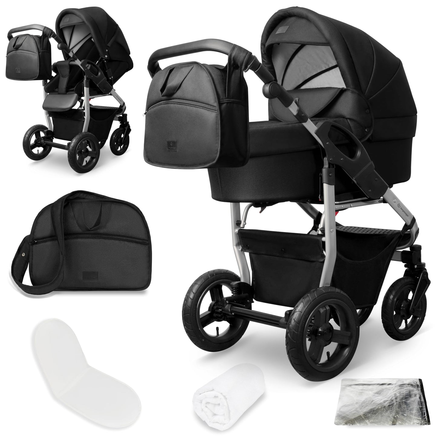 Bergsteiger Capri 3-in-1 Combination Pushchair - Baby Carrier, Sports Seat & i-Size Baby Seat, Pneumatic Tyres, Suspension, Height-Adjustable Handle, Foldable, Accessories