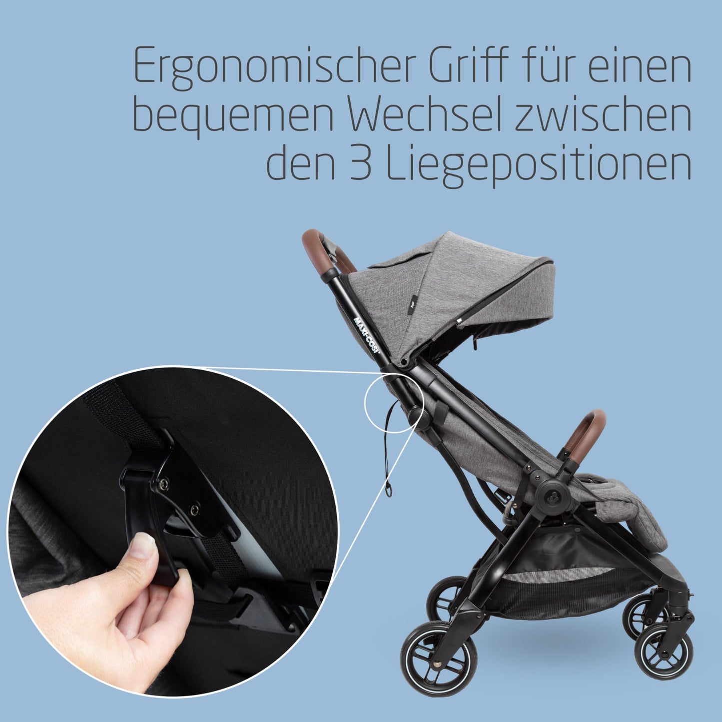 Maxi-Cosi Eva3 Pushchair, 0-4 Years, 0-22 kg, Baby Pram, Lightweight and Compact, Flat Reclining Position, 3 Reclining Positions, Automatic with 1 Hand Folding, Carry Strap, Select Grey