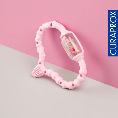CURAPROX Baby Teether Pink Baby Teether with Rattle Baby Teether with Learning Toothbrush, Teether for Babies for Teething BPA-Free, Pink, 1 Piece