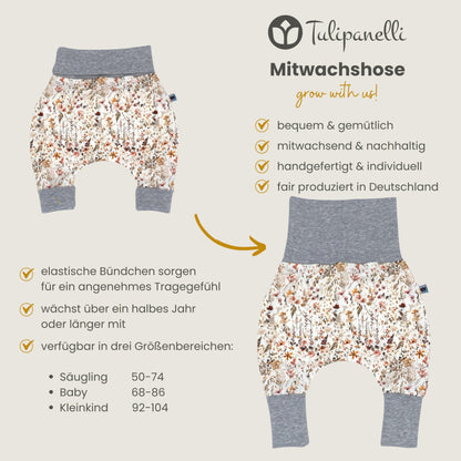 Baby Baggy Trousers, Girls' Handmade Cotton Jersey Grow Trousers, Sizes 50-74, 68-86, 92-104 (Wild Flowers, 50-74)