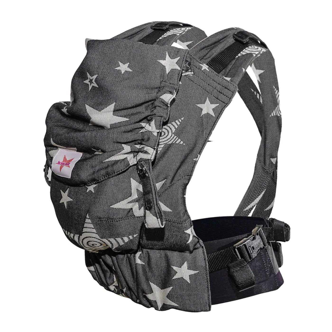 KOKADI Flip X Diorite Stars (Unisize)-Perfekte Kombi aus Fullbuckle & dem Tragen überkreuzt -Ab Geburt - 15 kg,handgefertigt aus 100%Bio-Baumwolle –Ergonomische Babybauchtrage Rückentrage Tragetasche