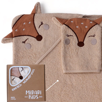 MIRARI Kids Babyhandtuch mit Kapuze und Waschlappen 100x100 cm – Handtuch Rentier aus 100% Baumwolle - REH Badetuch mit Kapuze - Geschenk Geburt - Baby Erstausstattung Neugeborenen Set