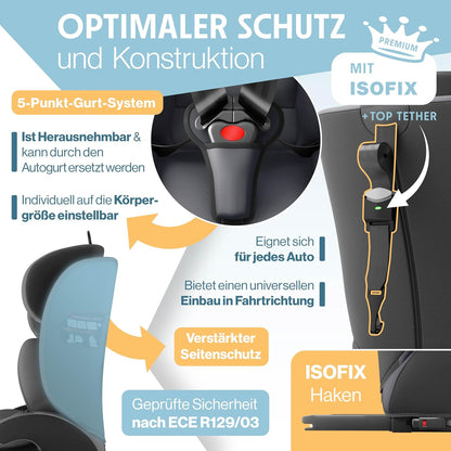 Autokindersitz mit Isofix i-Size R129 100-150cm bis 12 Jahre, Kinderautositz Gruppe 1/2/3, mitwachsender Kindersitz, 5-Punkt-Gurt & höhenverstellbare Kopfstütze, Sitzerhöhung Auto, Schwarz