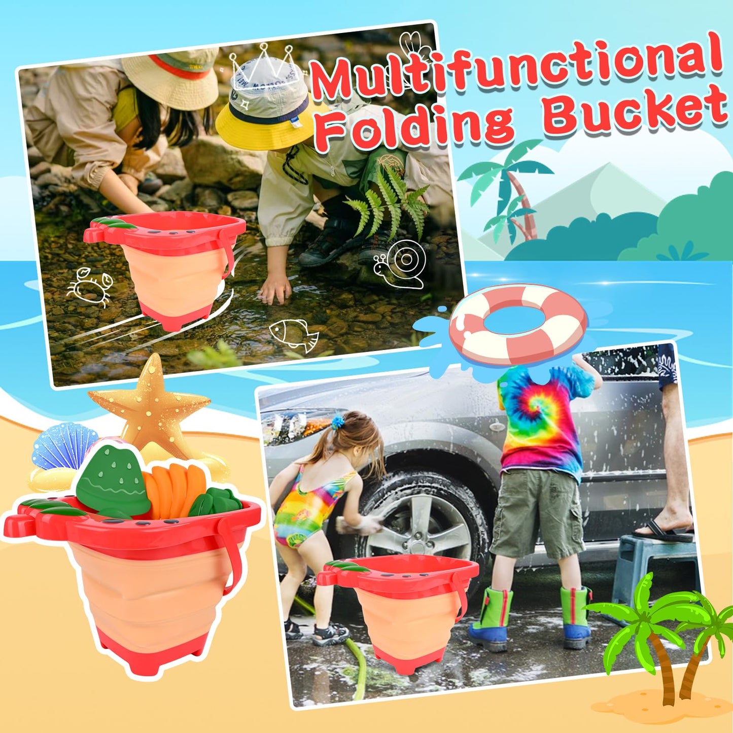 Euakee Sand Toy for Children, 11 Pieces Sand Toys with Foldable Bucket, Sanity Toy Set, Sand Toy Beach, Sandpit Toy for Children 3 4 5 6 7 Years (Orange)