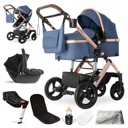Bergsteiger Nizza 3 in 1 Kinderwagen, Kombikinderwagen Komplettset, Auto-Babyschale & Isofix Station, Babywanne & Buggy Sportsitz inklusive