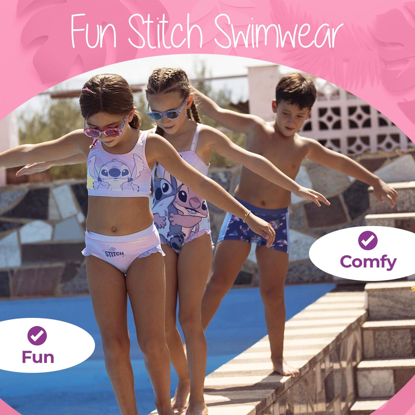 Stitch Bikini Mädchen – 2-teiliges Badeanzug-Set für Kinder mit Rüschen – Pastellfarben – Ideal für Strand & Pool – Badeanzug Stitch Design
