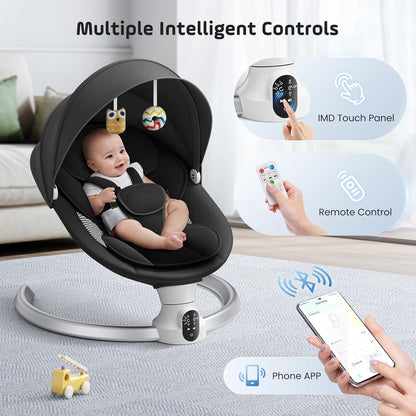 BlundiQue Babywippe Elektrisch mit Mobile App Steuerung und Fernbedienung,Elektrischer Babyschaukel Stuhl mit 5-Schwing Amplituden 3-Stufen Timer Elektrischer Prahler für Baby (schwarz)