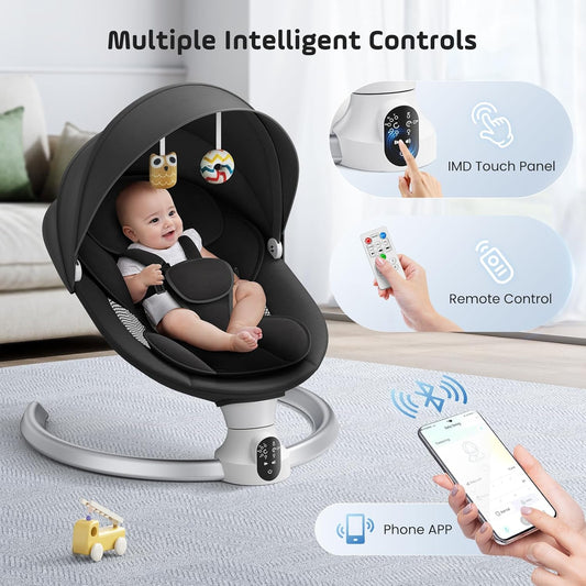 BlundiQue Babywippe Elektrisch mit Mobile App Steuerung und Fernbedienung,Elektrischer Babyschaukel Stuhl mit 5-Schwing Amplituden 3-Stufen Timer Elektrischer Prahler für Baby (schwarz)