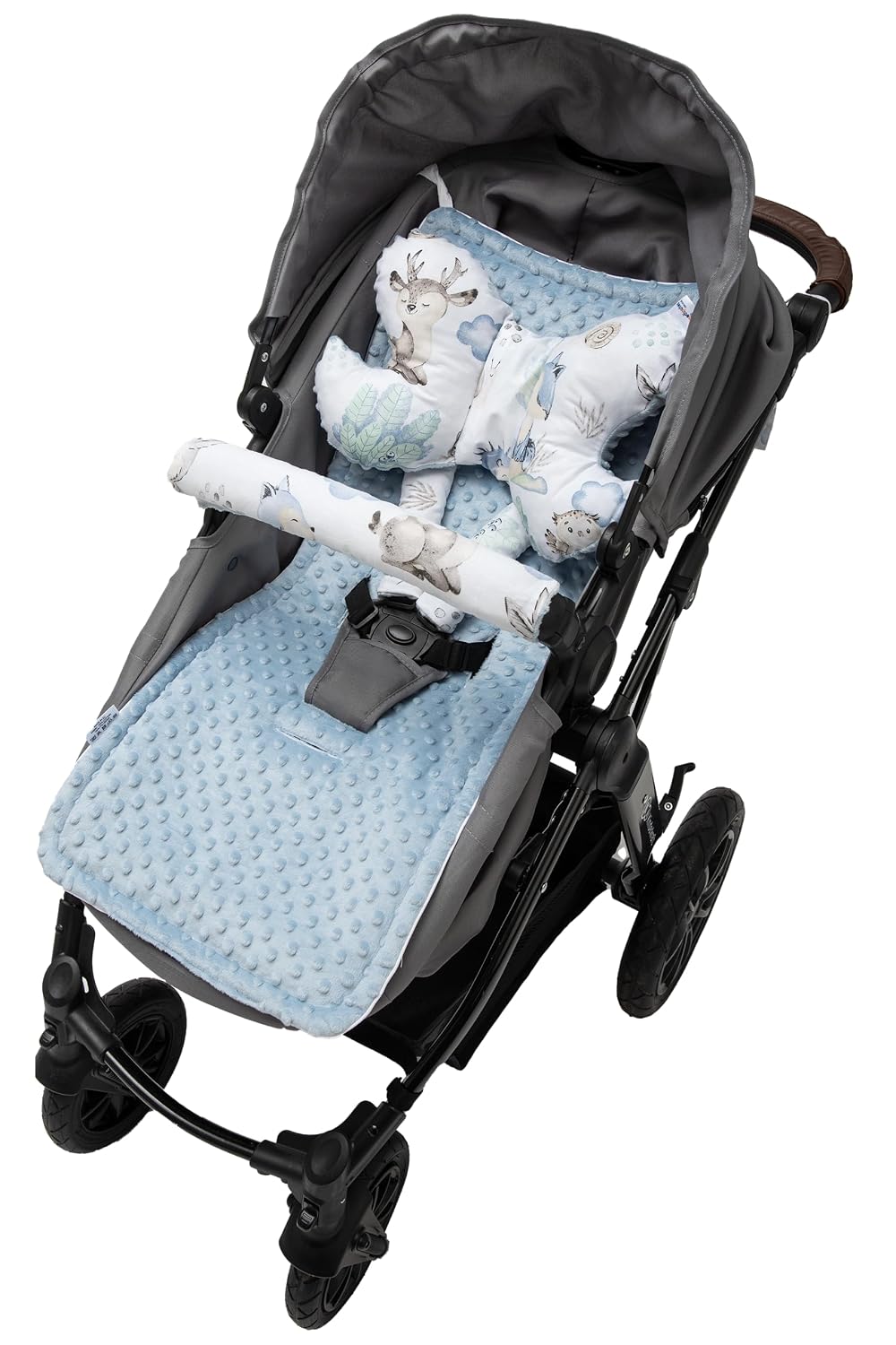 Sitzauflage Kinderwagen Buggy Baby Sommer Kindersitz Einlage Universal - 5tgl Gurtpolster + Spielbogen Kinderwagenset Babyschale (Safari mit beige Minky)