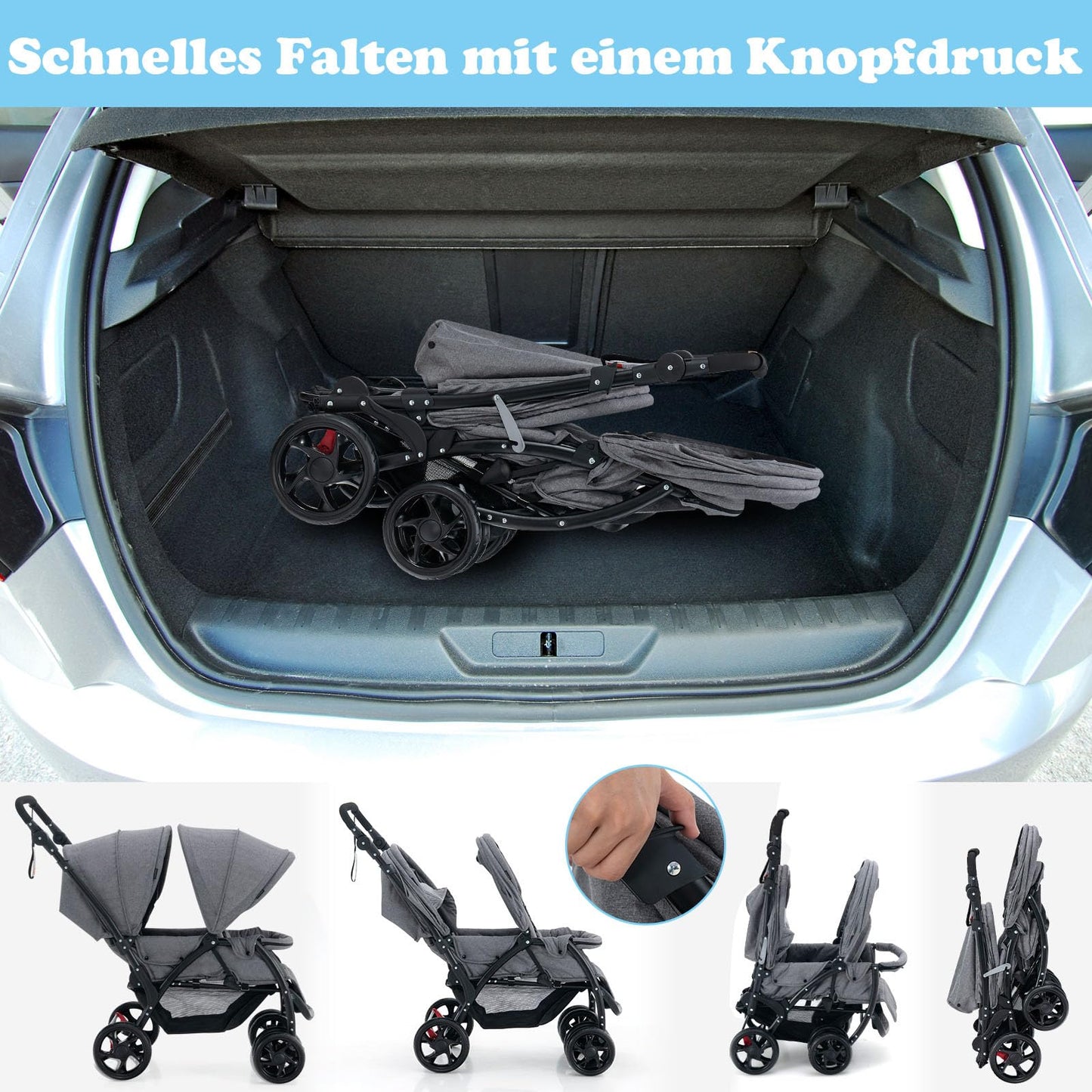 COSTWAY Folding Double Pushchair, Twin Pushchair with Adjustable Backrest and Hood, Travel Buggy with Reclining Function, Twin Buggy Pushchair for Baby from 6 Months, 30 kg Load Capacity (Grey)
