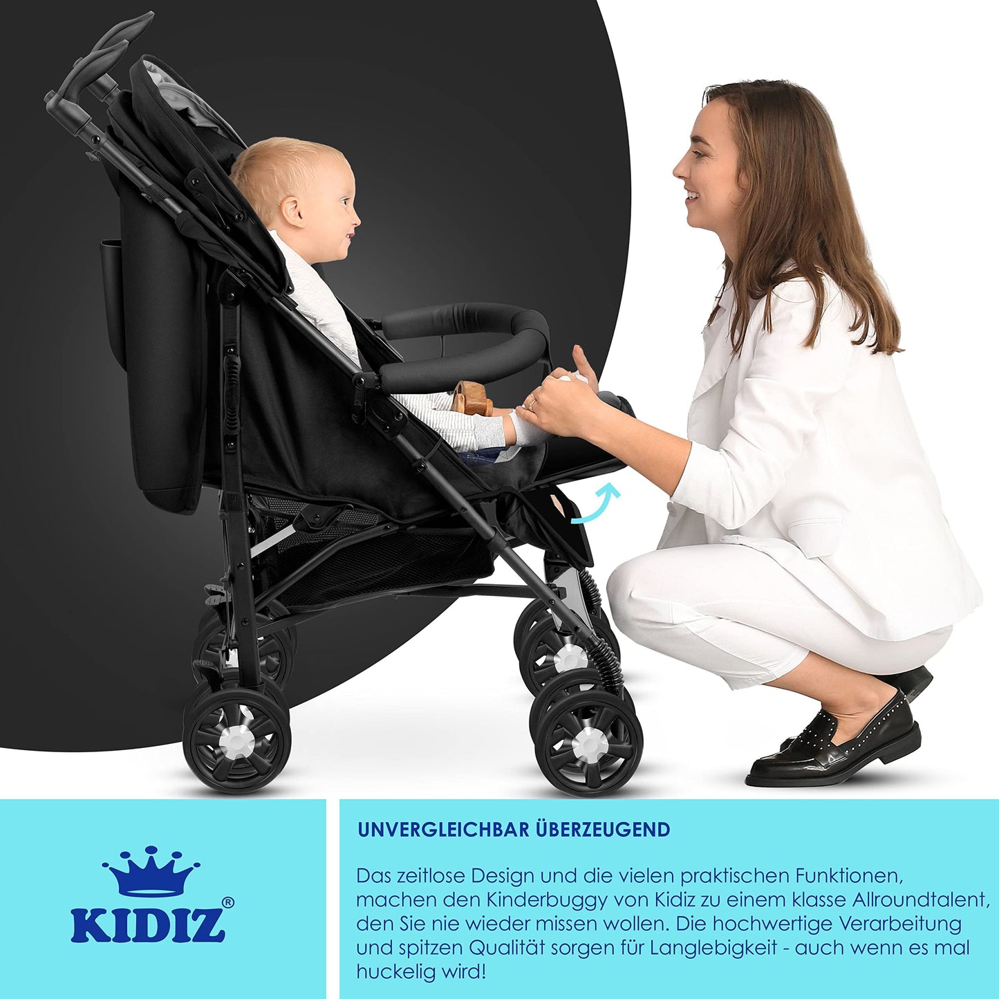 KIDIZ® City-Pro Pushchair Folding Pushchair Pushchair Sports Pushchair Foldable 360° 6 Inch Wheels Includes Mosquito Net, Footmuff and Rain Cover Foldable Sleep Function Blue 