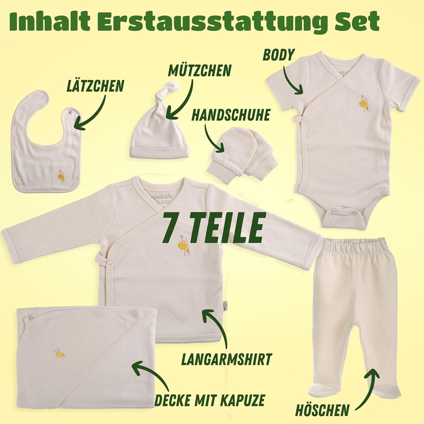 ORGANICKID Baby Set Neugeborene - weiche Bio-Baumwolle allergikerfreundlich 7 Teile mit Kapuzendecke - Baby Erstausstattung Geschenkset zur Geburt, 0-6 Monate, unisex Mädchen & Jungen