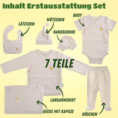 ORGANICKID Baby Set Neugeborene - weiche Bio-Baumwolle allergikerfreundlich 7 Teile mit Kapuzendecke - Baby Erstausstattung Geschenkset zur Geburt, 0-6 Monate, unisex Mädchen & Jungen