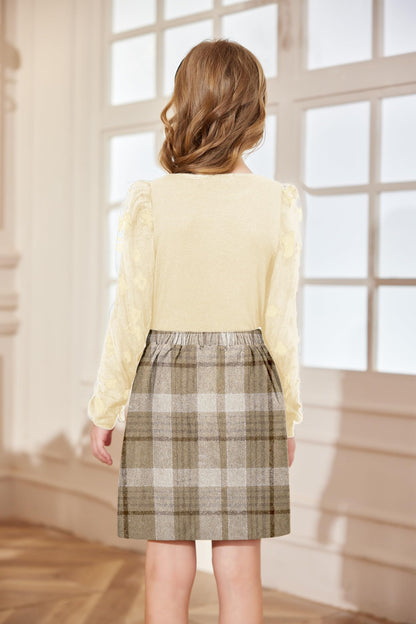 Arshiner Girls' Clothing Sets Elegant Long Sleeve Shirt with Skirt Set Children's Autumn Winter Outfit Checked Leisure Fashion Two Piece Clothing Sets for Girls 5-13 Years