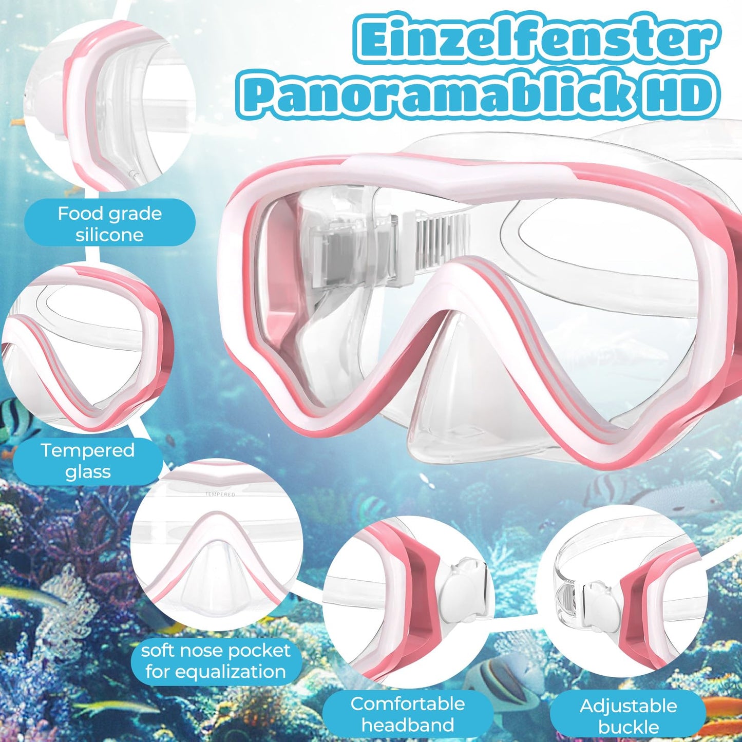 NLMWTI Children's Snorkel Set with 180° Panorama HD Vision, Anti-Fog & Anti-Leakage, Durable Safety Glass, Adjustable Side Straps