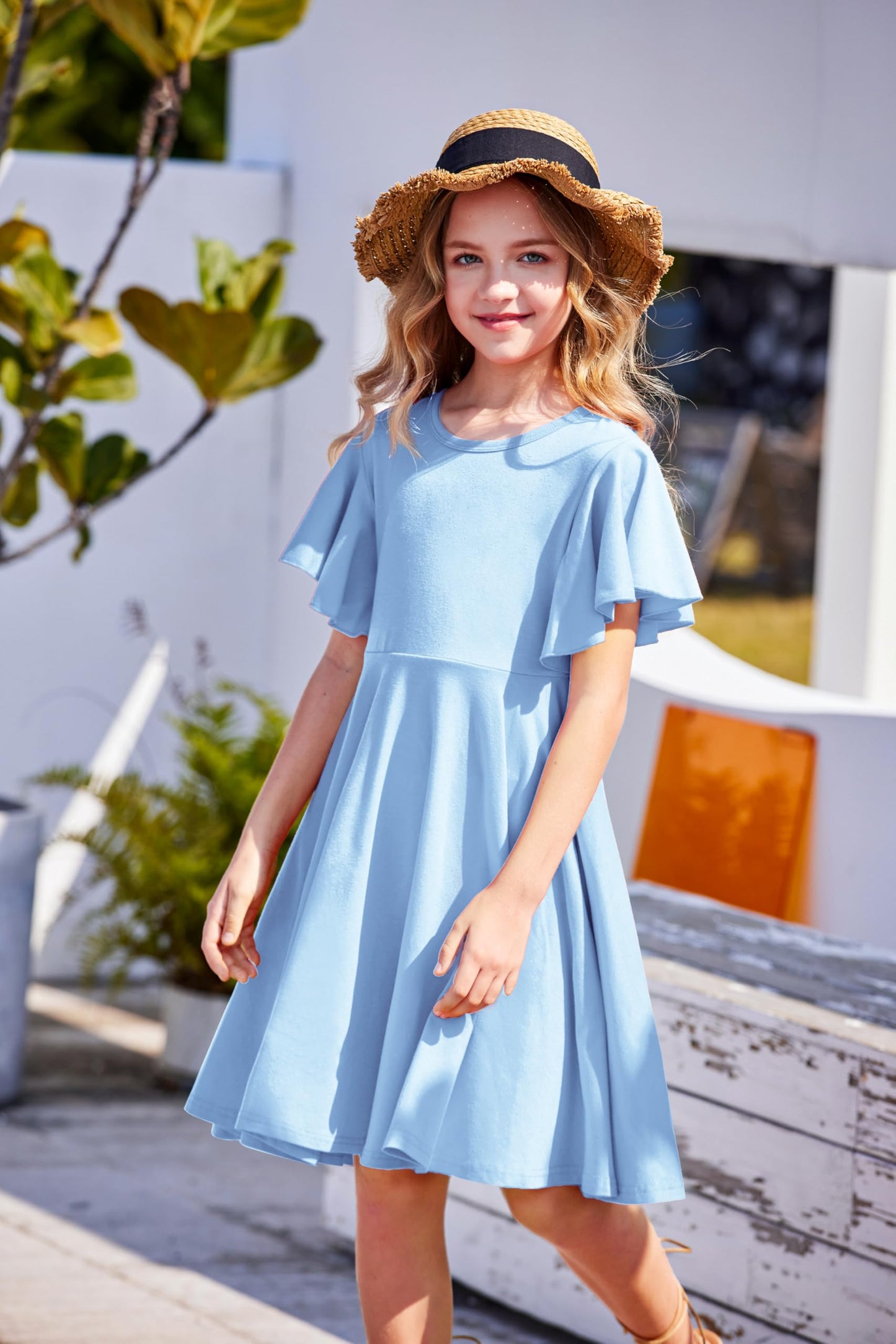 Arshiner Kleider für Mädchen Schmetterlingsärmel Kleid Kinder A-Line Swing Kleid Rundhals Sommerkleid Baumwollekleid Festlich Partykleid Hochzeit Lässige Kinderkleidung mit Tasche