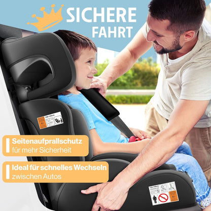 Autokindersitz mit Isofix i-Size R129 100-150cm bis 12 Jahre, Kinderautositz Gruppe 1/2/3, mitwachsender Kindersitz, 5-Punkt-Gurt & höhenverstellbare Kopfstütze, Sitzerhöhung Auto, Schwarz