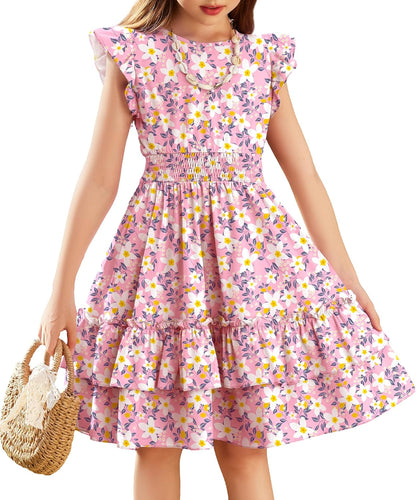 Arshiner Girls Dresses Flutter Sleeves Kids Summer Cotton Formal Dress A-Line Waist Lace-up Casual Dress Swing Dress Elegant Sleeveless Dress for Girls 5-13 Years 
