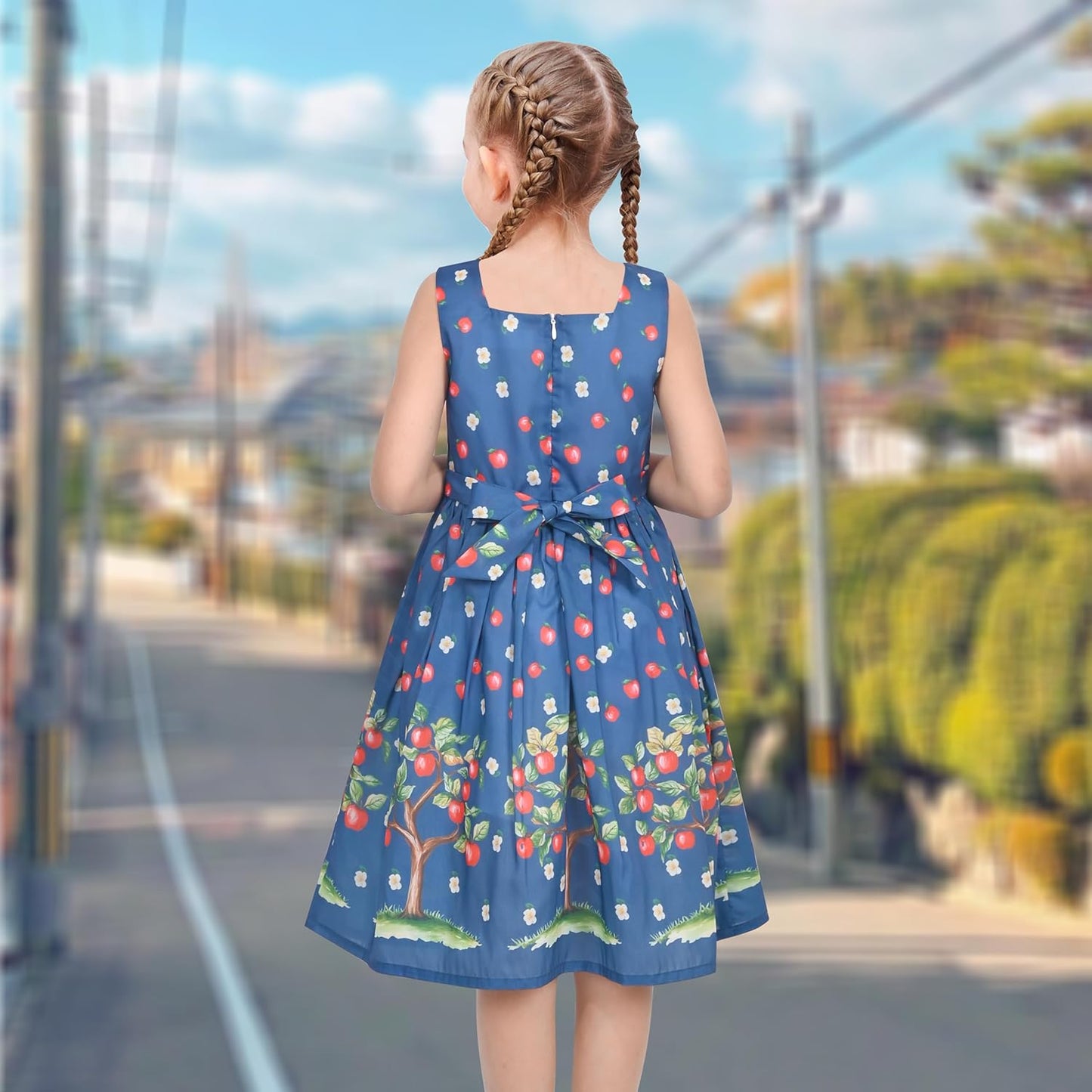 Sunny fashion girls' sleeveless polka dot dress rose garden green print size