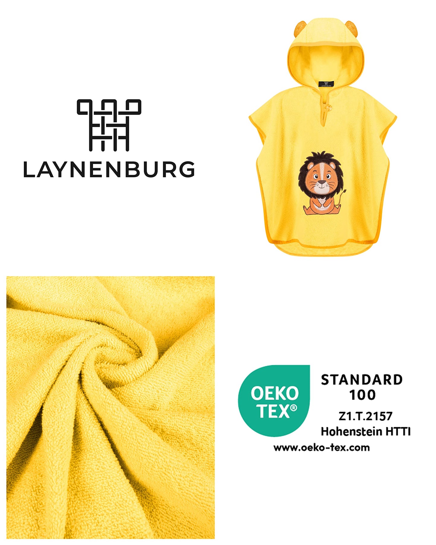 LAYNENBURG Premium Badeponcho Kinder mit Kapuze - 100% Baumwolle - OEKO TEX - Baby Jungen Mädchen Handtuch Poncho Frottee