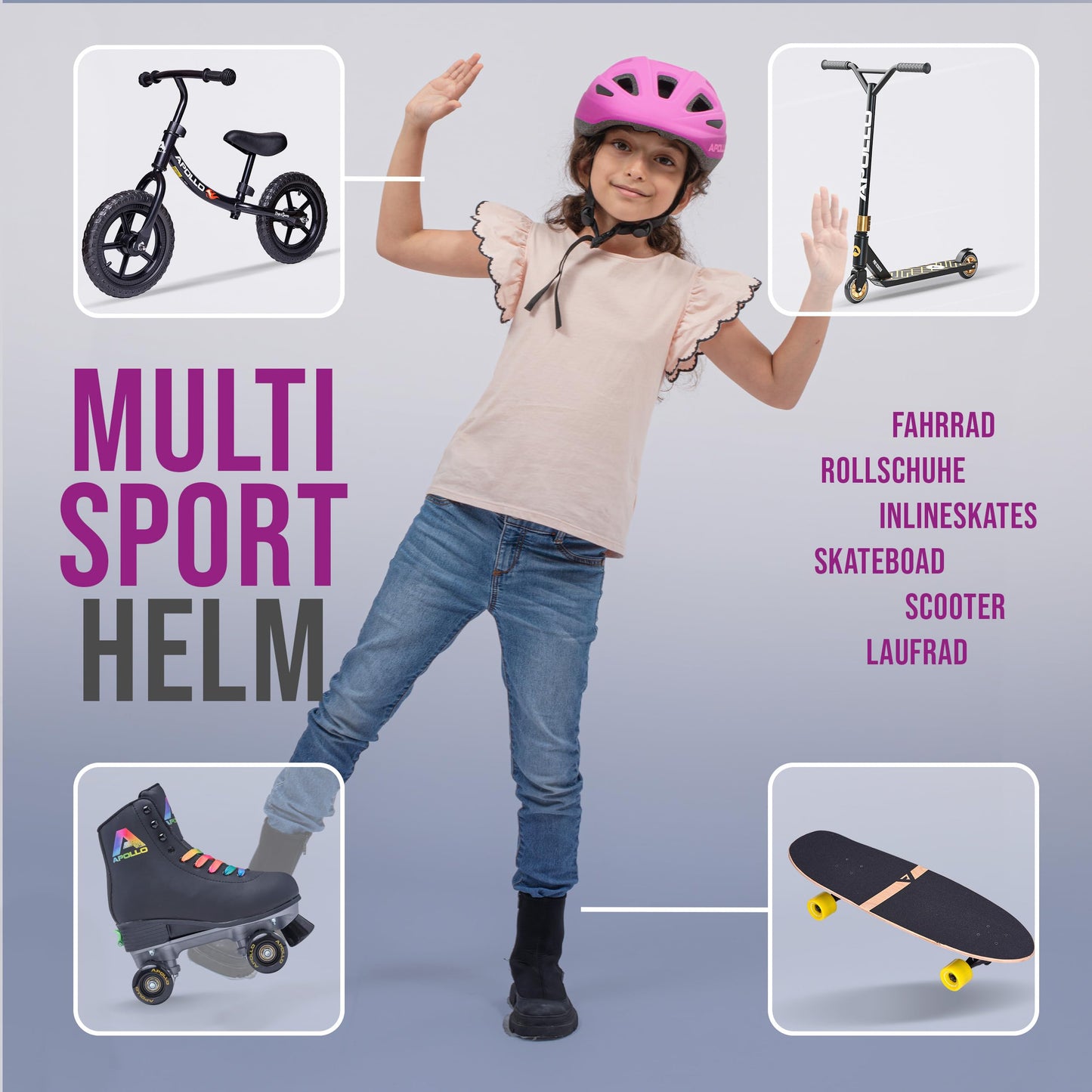 Apollo Kinder Fahrradhelm, Helm für Kinder & Jugendliche, Multisport Helm, Fahrradhelm Mädchen, Fahrradhelm Jungen, Kinderhelm ab 3 Jahre, Verstellbarer Kinder-Helm, ab Größe 48, für Fahrrad & Roller