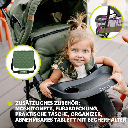 LIONELO Emma Plus Kinderwagen bis zu 15 kg, Kindersportwagen, leicht modern klein Buggy mit Liegeposition, zusammenklappbar, große Räder, großer Korb, Tasche Stone