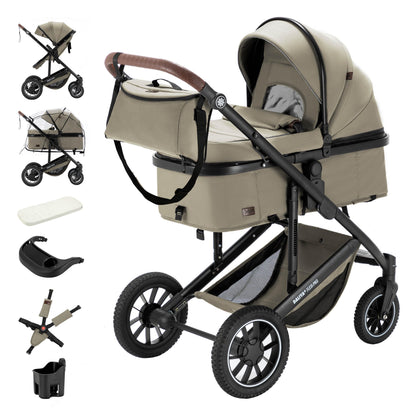Daliya® FLEXI-PRO M 2in1 Kombikinderwagen & Buggy – XXL-Set, Reise-Kinderwagen mit Einhand-Abnahme, Wetterschutz, Sportsitz, Wickeltasche, Spieltisch, Regenschutz, dicke Matratze (Olivgrün)