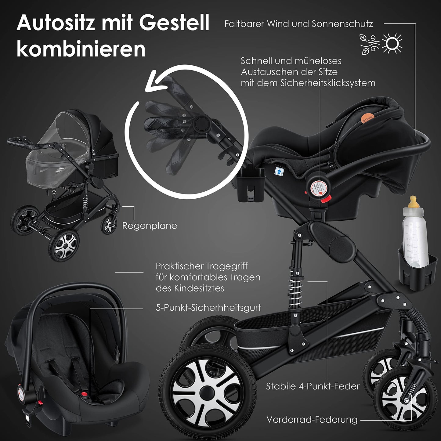 KESSER® Loops 3 in 1 Stroller Combi Stroller Complete Set including Carrycot &amp; Buggy Sports Seat &amp; Car Seat Solid Rubber Tires Changing Bag Rain Cover Children's Table ECE R129, Black/Champagne 