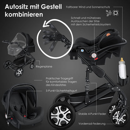 KESSER® Loops 3 in 1 Stroller Combi Stroller Complete Set including Carrycot &amp; Buggy Sports Seat &amp; Car Seat Solid Rubber Tires Changing Bag Rain Cover Children's Table ECE R129, Black/Champagne 