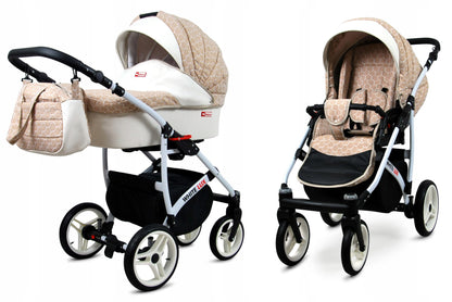 BabyLux® Bambimo Kinderwagen Set 3 in 1 - White Lux - incl. Babywanne, Buggy Sportsitz, Auto-Babyschale - Autositz - Kinderwagenset - Kombikinderwagen mit Wickeltasche, Regenschutz usw.