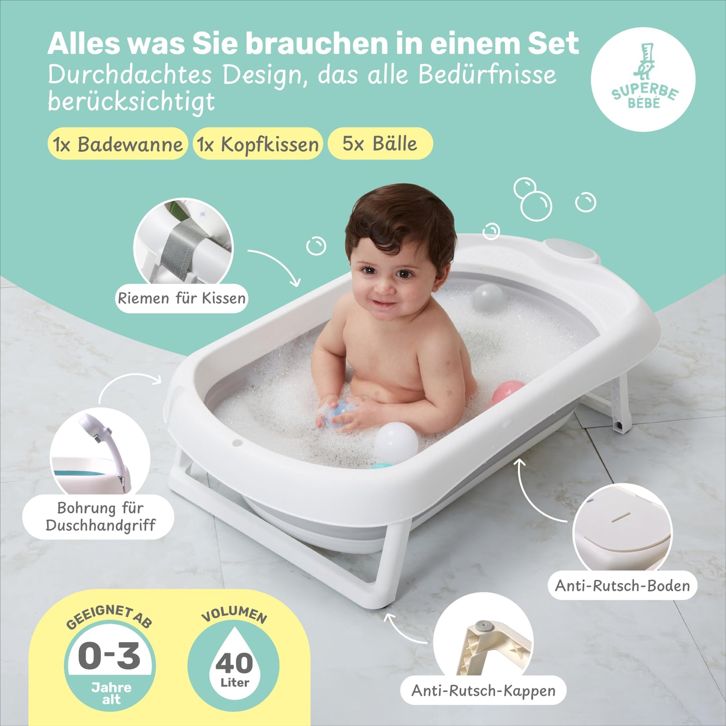 Faltbar Baby Badewanne Mit Rutschfestem Badekissen - Babywanne XXL Mit Baby Badewannensitz & Badethermometer - Von Der Geburt Bis 3 Jahre - Baby Bathtub - Geburtsgeschenke Für Mädchen & Jungen