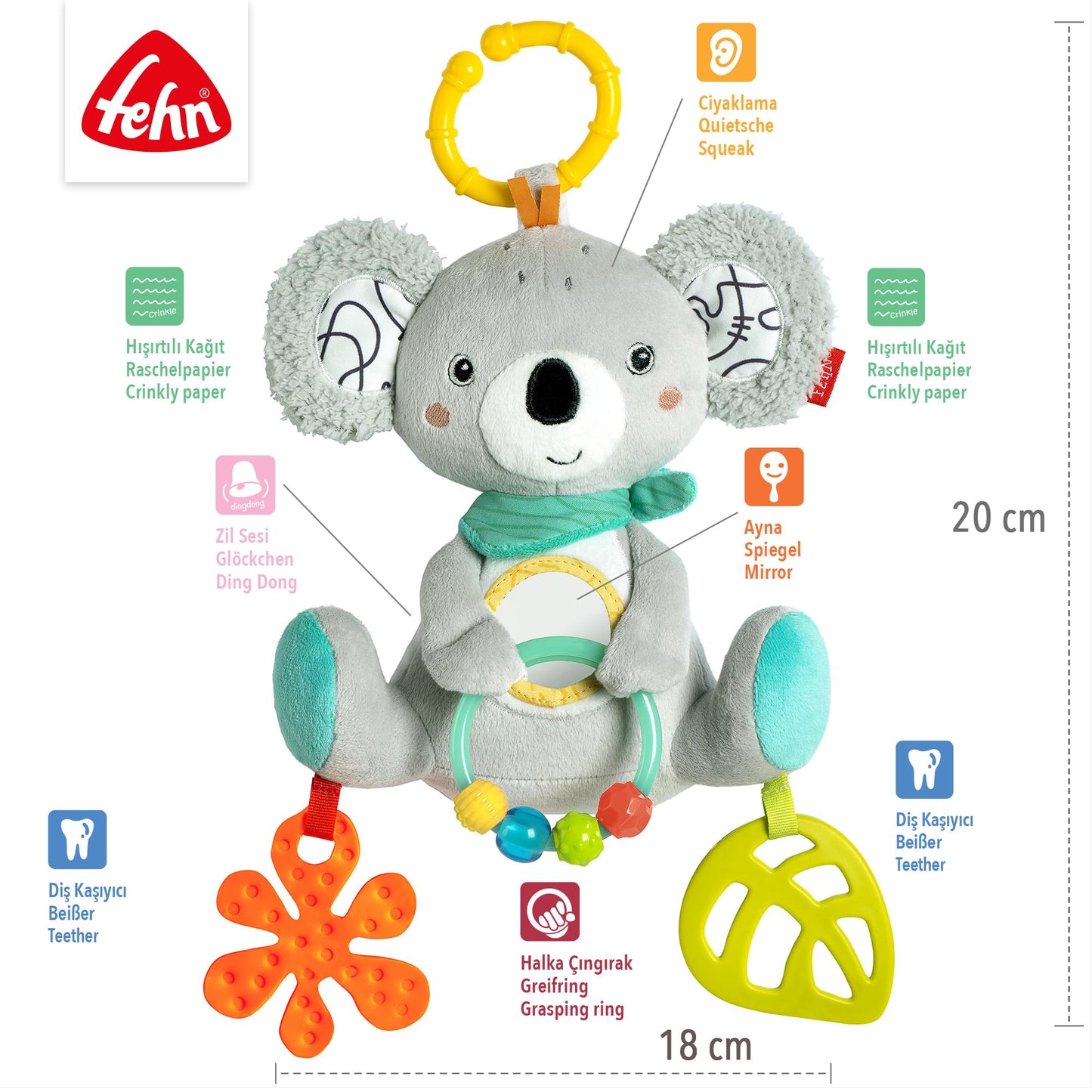 Fehn Activity-Spieltier Teddy – Baby Motorikspielzeug für Kinderwagen, Kinderbett und Babyschale zum Beißen, Greifen und Geräusche erzeugen – Beißring Spielzeug für Babys und Kinder ab 0+ Monaten
