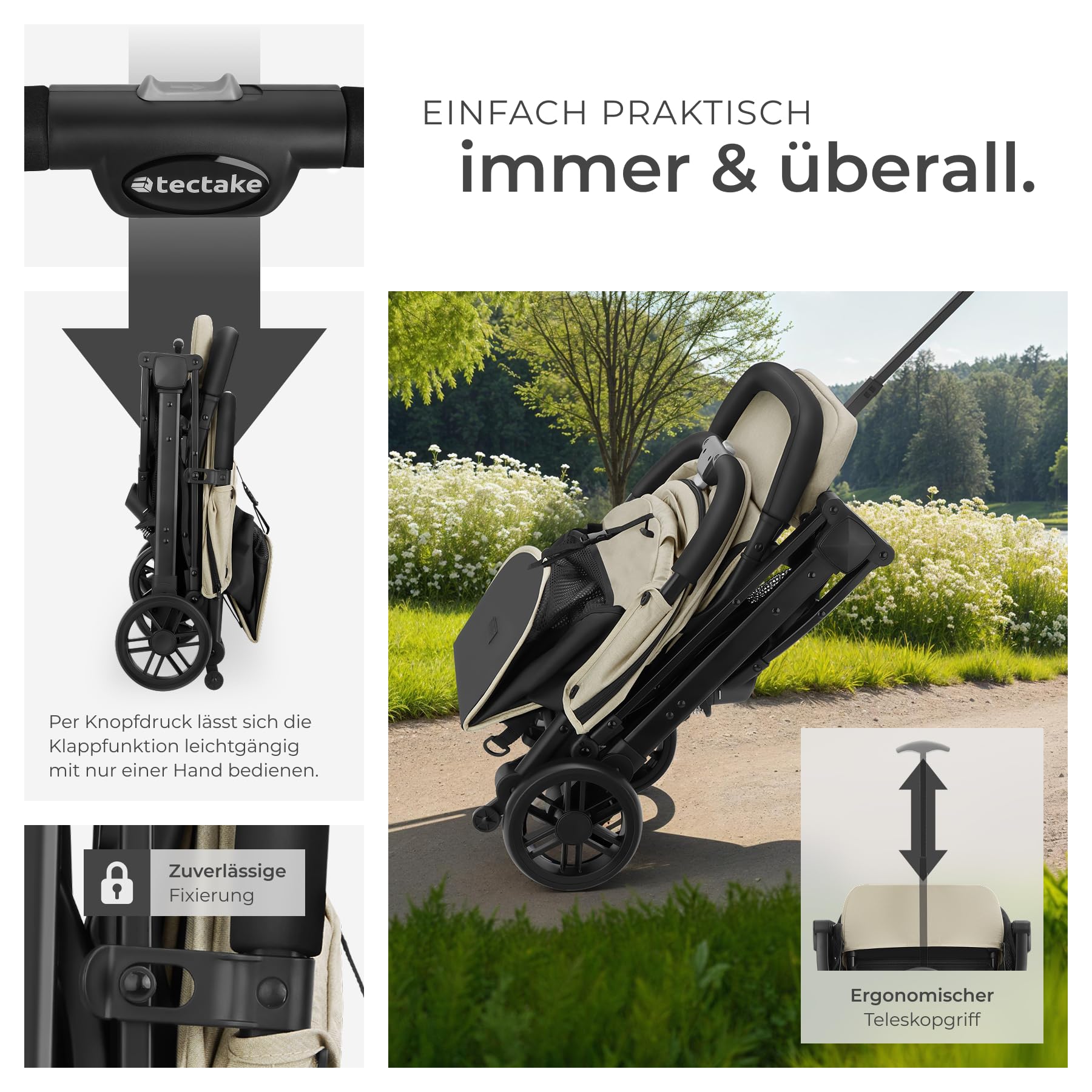 tectake® Buggy Kinderwagen von 0 bis 3 Jahre, Wagen für Baby Erstausstattung Neugeborene und Kinderbuggy, einhändig faltbarer Reisebuggy, Reisekinderwagen, Baby Wagen mit Verdeck - grau/beige - Meloni2