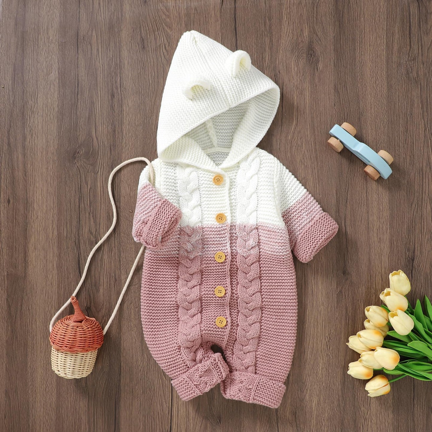 OBEEII Newborn Baby Knitted Romper Jumpsuit with Hood Ear Onesies Pullover Winter Warmer Onesie Bodysuit for Boys Girls