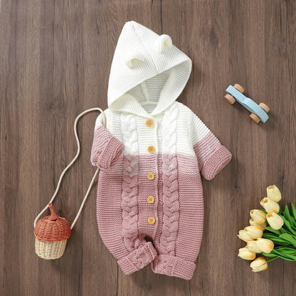 OBEEII Newborn Baby Knitted Romper Jumpsuit with Hood Ear Onesies Pullover Winter Warmer Onesie Bodysuit for Boys Girls