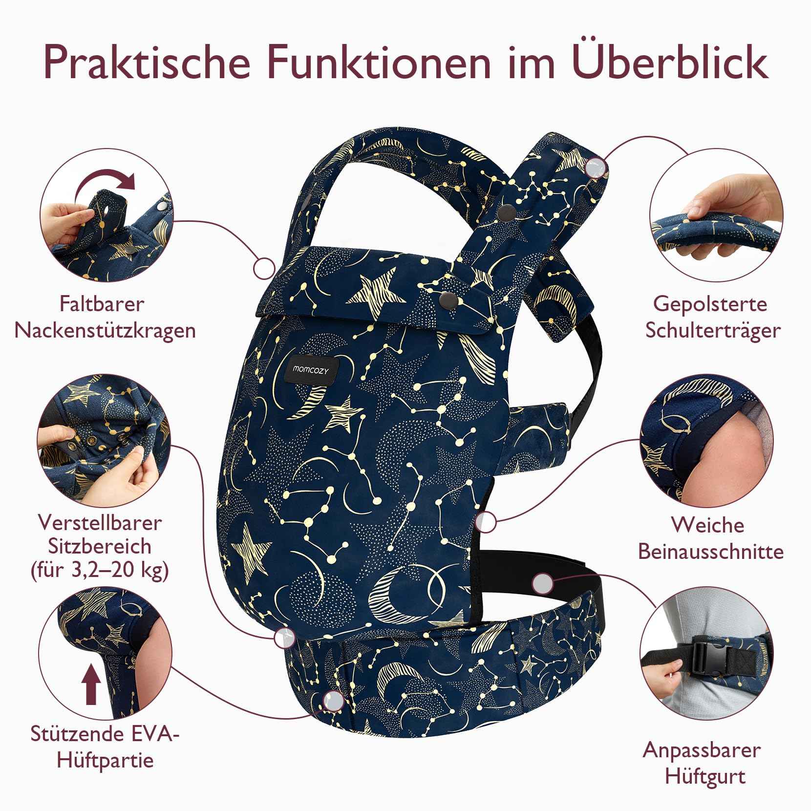 Momcozy Babytrage aus 100% Baumwolle – Baby Carrier für Kleinkind (3-24 Monate, 3,2-20 kg) · Ergonomische M-Position · X-Rücken · Taillengurt 64-127cm, Khaki