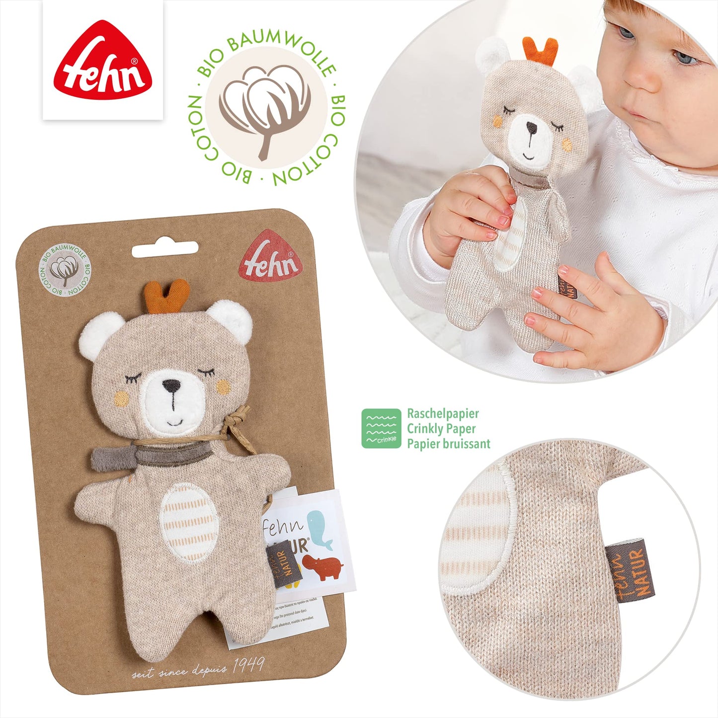 Fehn Knister Seestern – Activity Baby Raschel Spielzeug zum Greifen und Spielen - Activity-Rascheltier Babyspielzeug - Motorikspielzeug & Knisterspielzeug für Babys und Kleinkinder ab 0+ Monaten