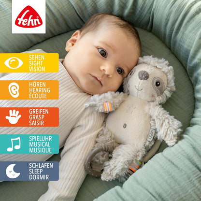 Fehn Mini-Spieluhr Faultier – Kuscheltier & Einschlafhilfe: Aufzieh-Spieluhr mit sanfter Melodie "Weißt du wieviel Sternlein stehen" – für Babys und Kleinkinder ab 0+ Monaten