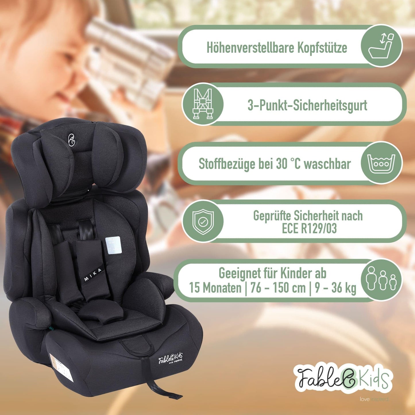 FableKids Kinderautositz 9-36 kg | 3-Punkt-Sicherheitsgurt | Autokindersitz ab 15 M. | Autositz für Kinder 76-150 cm | Kindersitz einstellbare Kopfstütze ECE R129/03 | Verstellbar | Schwarz