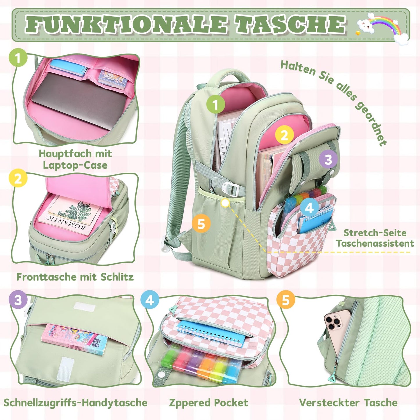 Rucksack mädchen 22L ergonomisch mit reflektierenden Streifen | Wasserdichtes Karogewebe, atmungsaktives 3D-Rückenpolster, zahlreiche getrennte Fächer, passend für 15,6-Zoll-Laptops