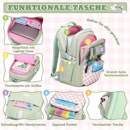 Rucksack mädchen 22L ergonomisch mit reflektierenden Streifen | Wasserdichtes Karogewebe, atmungsaktives 3D-Rückenpolster, zahlreiche getrennte Fächer, passend für 15,6-Zoll-Laptops