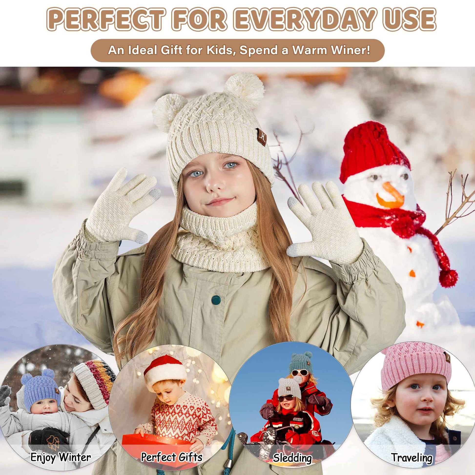 Children's Winter Hat Loop Scarf Touchscreen Gloves Set 2 3 4 5 6 7 Years Toddler Winter Hat Beanie Tube Scarf Knitted Pom Hats Gift Girls Boys