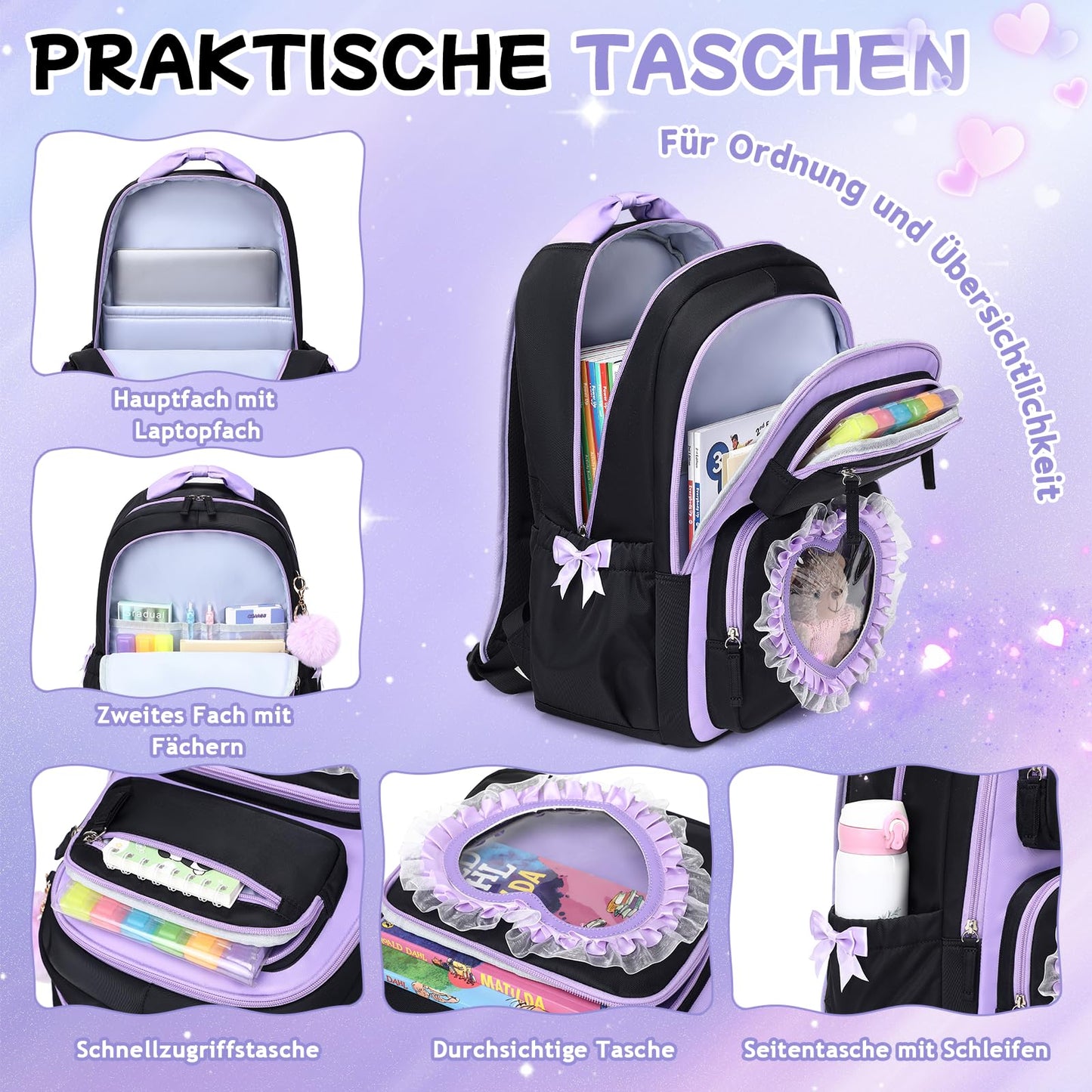 Schulrucksack Mädchen Herzdesign 22L mit Gepäckgurt für Schule | Spitze & Schleifendetails, Ergonomische 3D-Rückenpolsterung, wasserabweisendes Polyester, zahlreiche getrennte Fächer