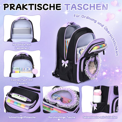 Schulrucksack Mädchen Herzdesign 22L mit Gepäckgurt für Schule | Spitze & Schleifendetails, Ergonomische 3D-Rückenpolsterung, wasserabweisendes Polyester, zahlreiche getrennte Fächer