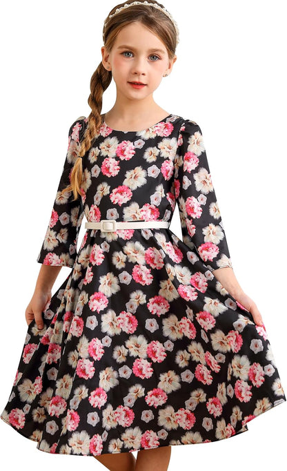 BONNY BILLY Mädchen Kleider Vintage Blumen Festlich Hochzeit Elegant Kinder Kleid mit Gürtel