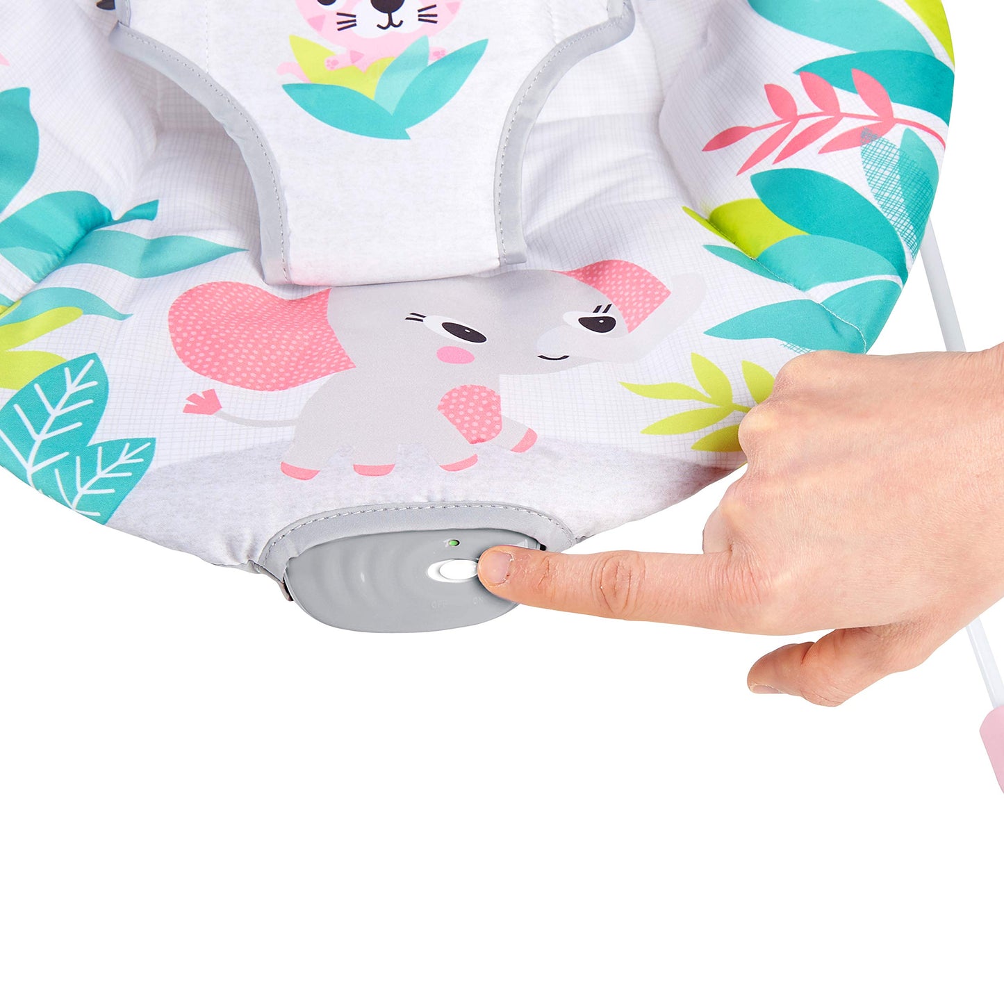 Bright Starts, Babywippe Babyschaukel Safari Fun mit Beruhigenden Vibrationen, Spielbogen mit 2 Spielzeugen, 3-Punkte-Gurt Sitz, Maschinenwaschbares Sitzpolster, ab der Geburt bis 9kg