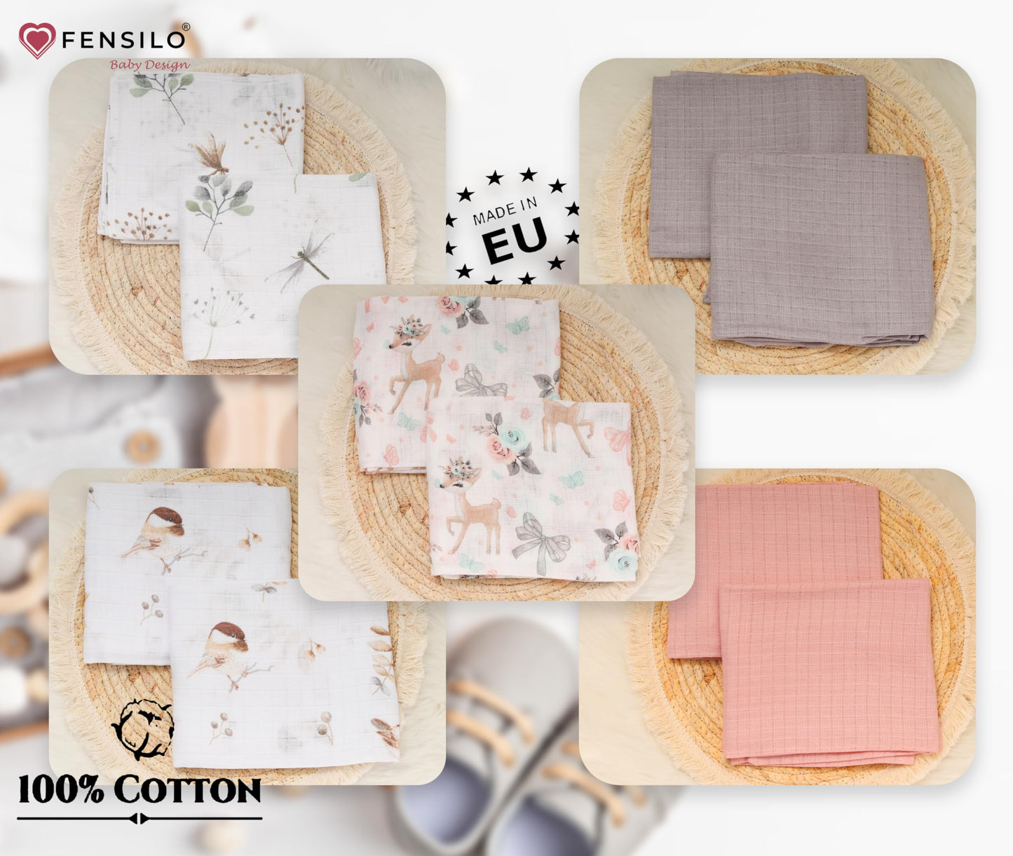 FENSILO - Mulltücher - Mullwindeln - 10er Pack 70x80 cm - Stoffwindeln, Made IN EU, schadstoffgeprüft - Spucktücher Set für Mädchen – Baby Mullwindeln- Rosa - Oeko-TEX Zertifiziert