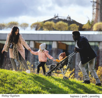 Moby-System, Buggy, superleicht und kompakt, bis 14 kg, verstellbare Rückenlehne, Doppelräder, schwenkbare Schaumstoffräder, faltbar, mit Sonnendach – idealer Kinderwagen für Spaziergänge, grau
