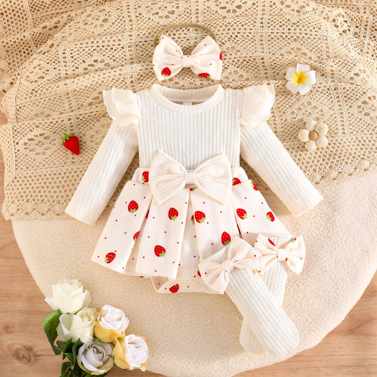 Erdbeere Baby Mädchen Bodysuit mit Socke Bogen Stirnband Neugeborenen Langarm Bodysuit Herbst Winter Frühling Overall Fotografie Requisiten Kleidung